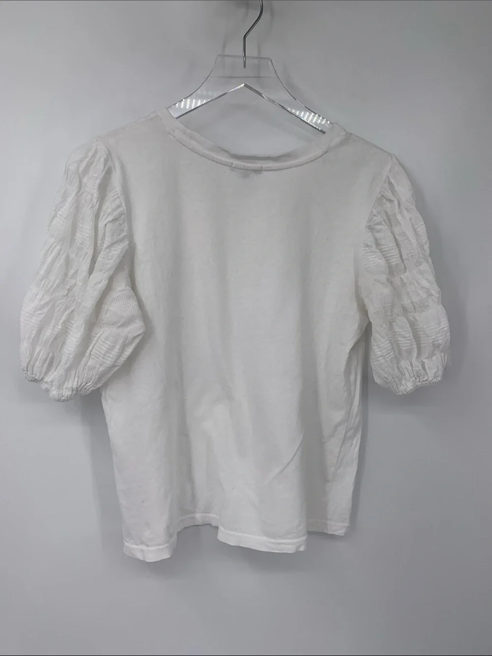 Rails Liza seersucker top white blouse shirt puffed short sleeve knit stretch M